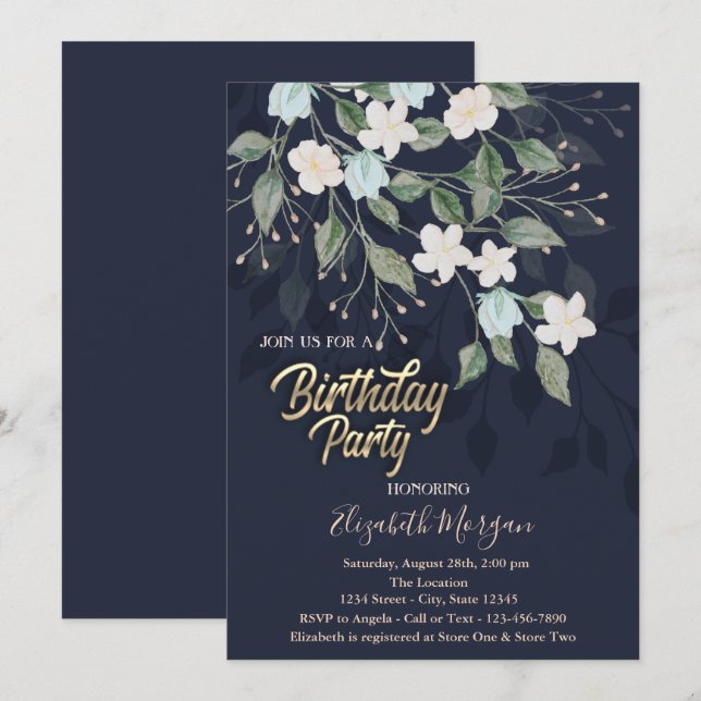 Invitación Fiesta de cumpleaños azul oscuro y floral (Anverso / Reverso)