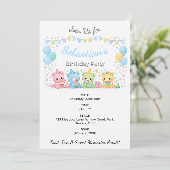 Invitación Fiesta de Cumpleaños Azul Ositos Bebés Pastel Ador (Anverso de pie)