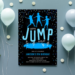 Invitación Fiesta de Cumpleaños Azul para Niños en Trampolín