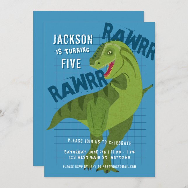 Invitación Fiesta de cumpleaños azul para niños RAWRR Dinosau (Anverso / Reverso)