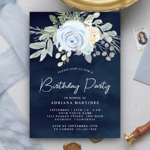 Invitación Fiesta de Cumpleaños Azul Polvoriento Floral Azul