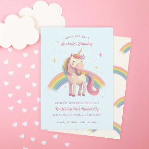 Invitación Fiesta de cumpleaños azul Rainbow Unicorn de color