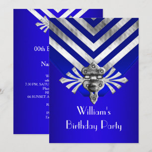 Invitación Fiesta de Cumpleaños Azul Real con Raya Plateada