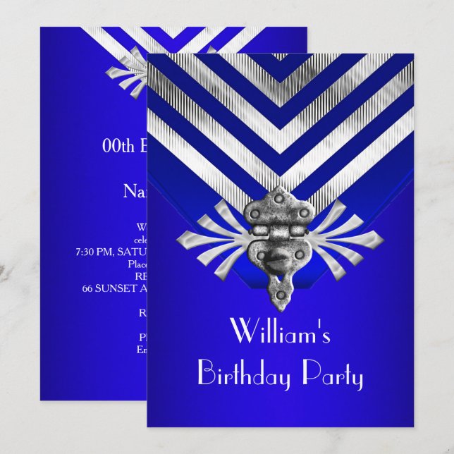 Invitación Fiesta de cumpleaños azul real de banda de plata (Anverso / Reverso)