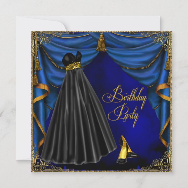 Invitación Fiesta de Cumpleaños Azul Real de Mujer (Anverso)