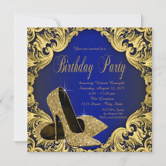 Invitación Fiesta de Cumpleaños Azul Real de Mujer (Anverso)