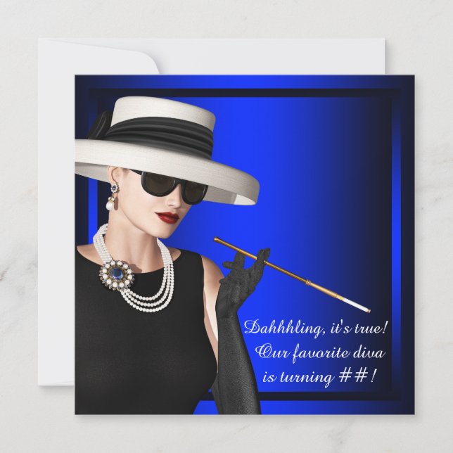 Invitación Fiesta de Cumpleaños Azul Real Diva Elegante (Anverso)