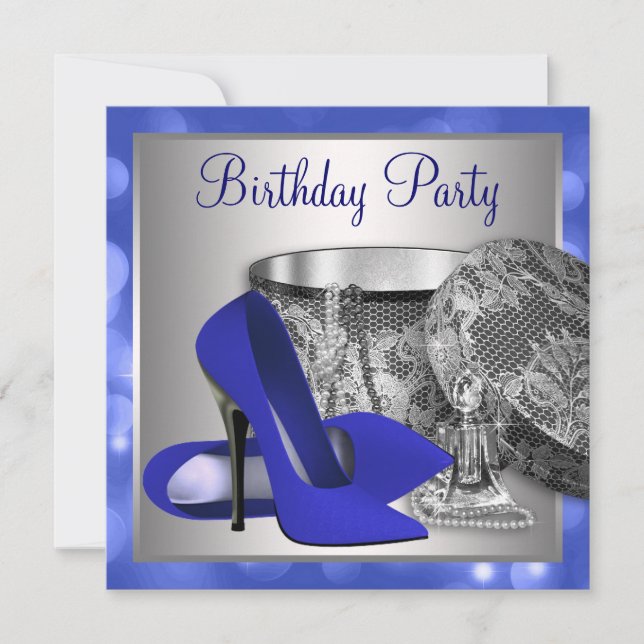 Invitación Fiesta de Cumpleaños Azul Real Plateado (Anverso)