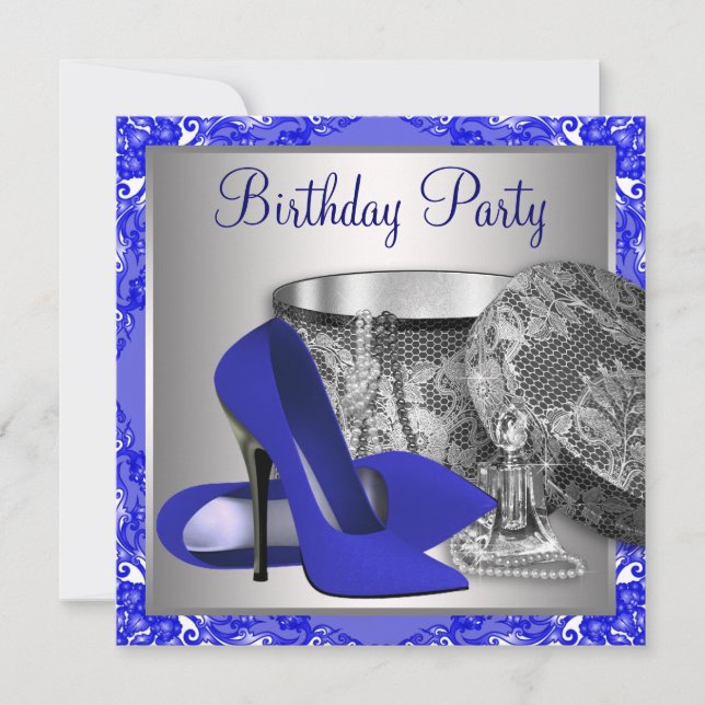 Invitación Fiesta de cumpleaños azul real y plata de mujer (Anverso)