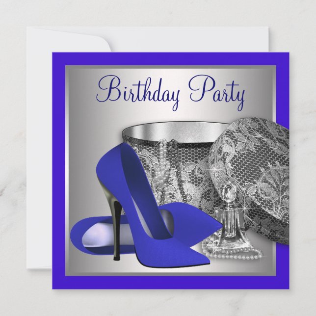 Invitación Fiesta de cumpleaños azul real y plata de mujer (Anverso)