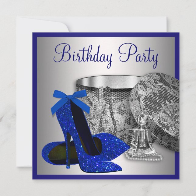 Invitación Fiesta de cumpleaños azul real y plata de mujer (Anverso)