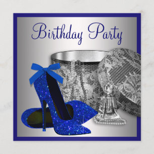 Invitación Fiesta de cumpleaños azul real y plata de mujer