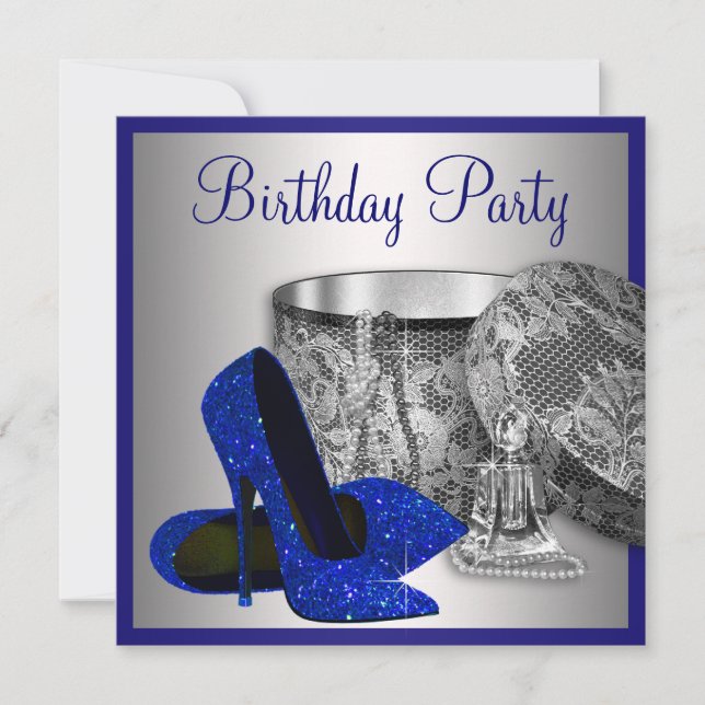 Invitación Fiesta de cumpleaños azul real y plata de mujer (Anverso)