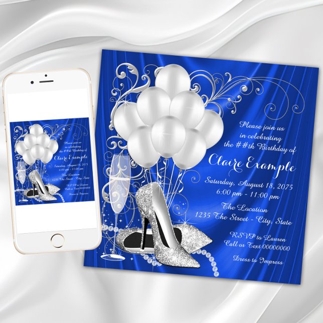 Invitación Fiesta de Cumpleaños Azul Real y Plateado de Mujer (Womans blue and silver birthday party invitation with silver high heels, pearls and balloons.)