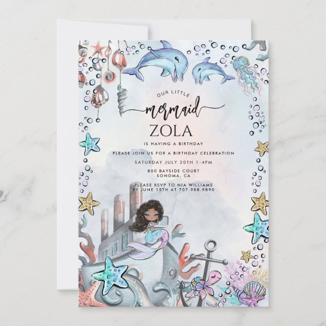 Invitación Fiesta de cumpleaños azul rosado de Sirena (Anverso)