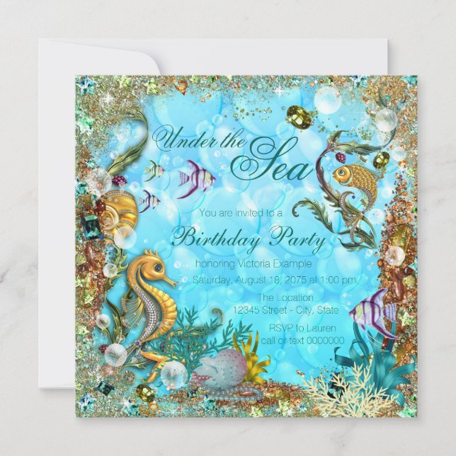 Invitación Fiesta de Cumpleaños Azul Teal Bajo el Mar (Anverso)
