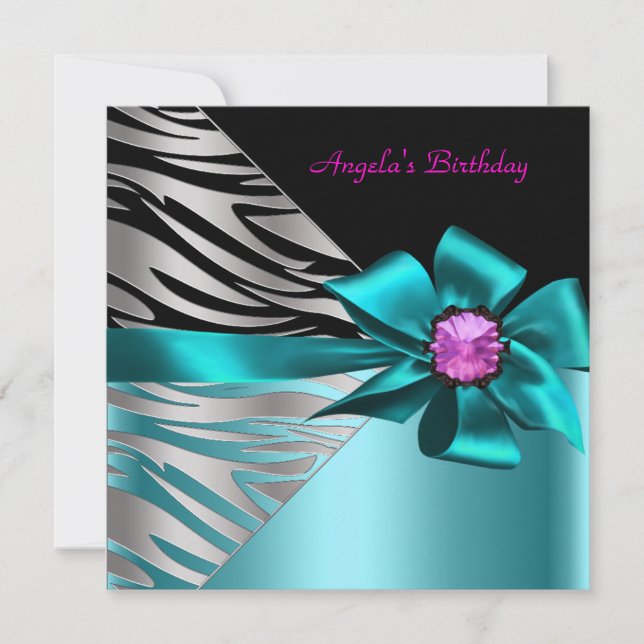 Invitación Fiesta de Cumpleaños Azul Teal Rosa Plateado Cebra (Anverso)