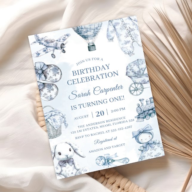 Invitación Fiesta de cumpleaños azul Toile De Jouy (Subido por el creador)