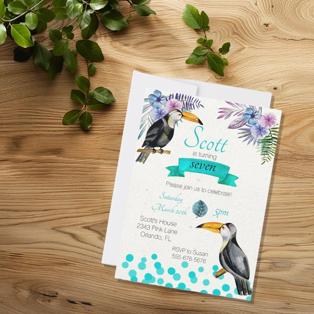 Invitación Fiesta de Cumpleaños Azul Toucan Verano Tropical (Subido por el creador)