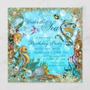 Invitación Fiesta de cumpleaños azul turquesa bajo el mar