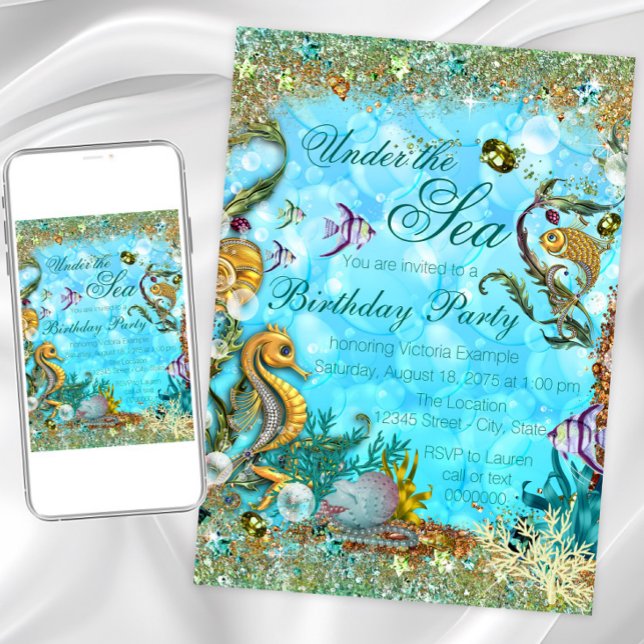 Invitación Fiesta de cumpleaños azul turquesa bajo el mar (Pretty gold undersea fish, shells and seahorse on a glittery bubble background. For any occasion.)