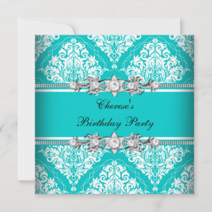 Invitación Fiesta de Cumpleaños Azul Turquesa Blanco Damask F