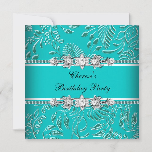Invitación Fiesta de Cumpleaños Azul Turquesa Blanco Damask F (Anverso)