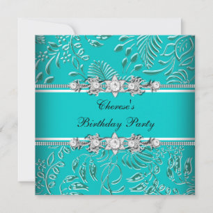 Invitación Fiesta de Cumpleaños Azul Turquesa Blanco Damask F