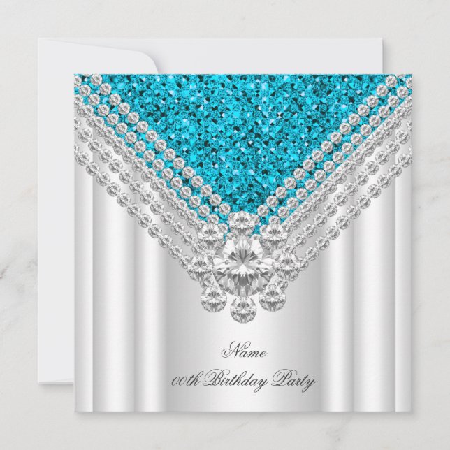 Invitación Fiesta de Cumpleaños Azul Turquesa Blanco Diamante (Anverso)