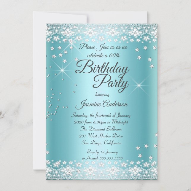 Invitación Fiesta de cumpleaños azul turquesa brillo de plata (Anverso)