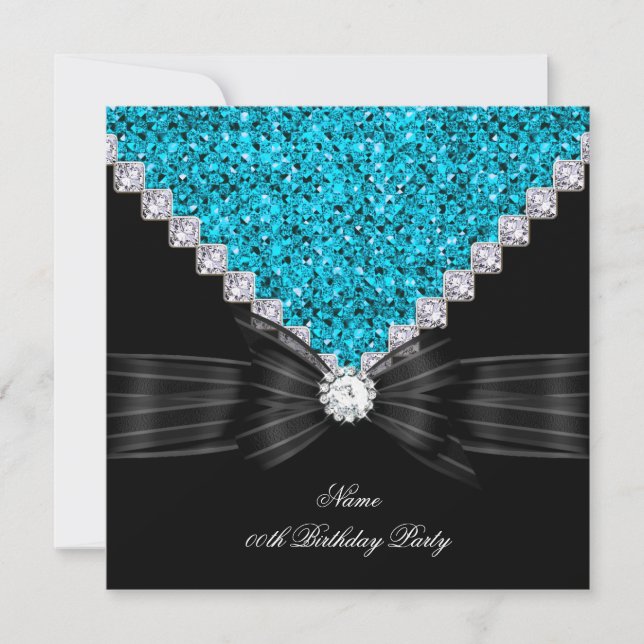 Invitación Fiesta de Cumpleaños Azul Turquesa Brillo Negro Di (Anverso)