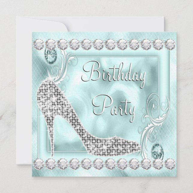 Invitación Fiesta de Cumpleaños Azul Turquesa con Diamantes E (Anverso)