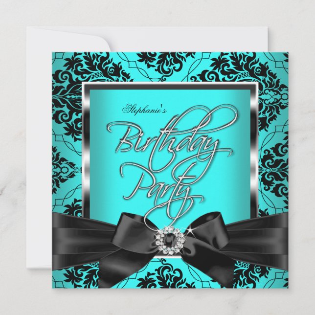 Invitación Fiesta de Cumpleaños Azul Turquesa Damasco Platead (Anverso)