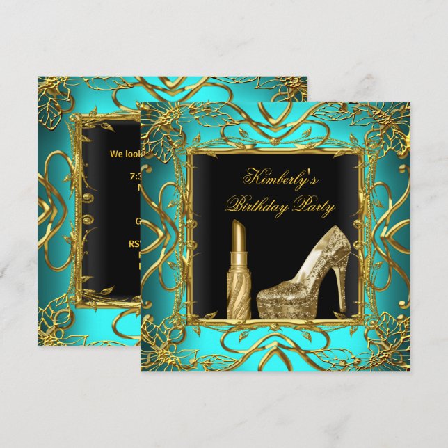 Invitación Fiesta de Cumpleaños Azul Turquesa Dorado Negro Za (Anverso / Reverso)