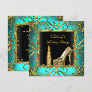 Invitación Fiesta de Cumpleaños Azul Turquesa Dorado Negro Za