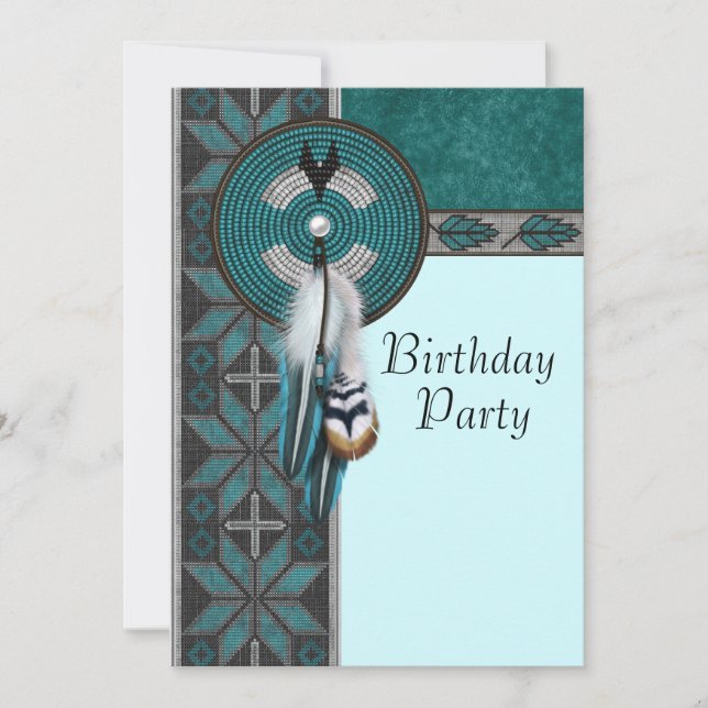 Invitación Fiesta de cumpleaños azul turquesa nativo american (Anverso)