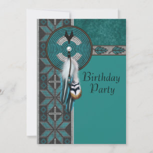 Invitación Fiesta de cumpleaños azul turquesa nativo american