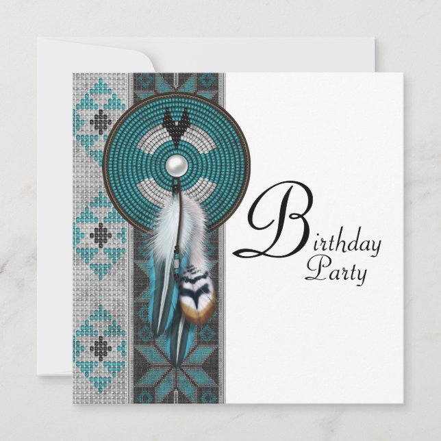 Invitación Fiesta de cumpleaños azul turquesa nativo american (Anverso)