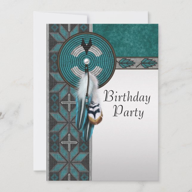 Invitación Fiesta de Cumpleaños Azul Turquesa Nativo American (Anverso)