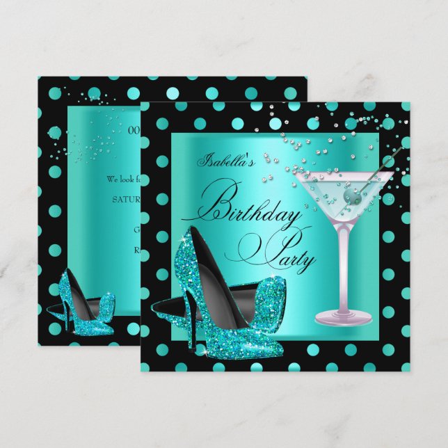 Invitación Fiesta de Cumpleaños Azul Turquesa Negro (Anverso / Reverso)