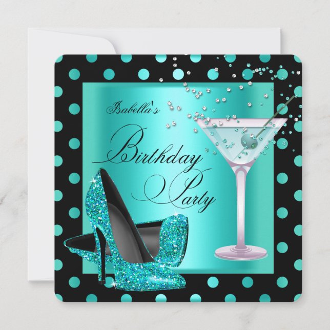Invitación Fiesta de Cumpleaños Azul Turquesa Negro (Anverso)