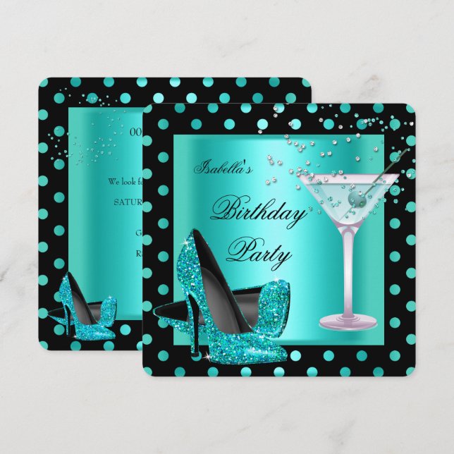 Invitación Fiesta de Cumpleaños Azul Turquesa Negro 2 (Anverso / Reverso)