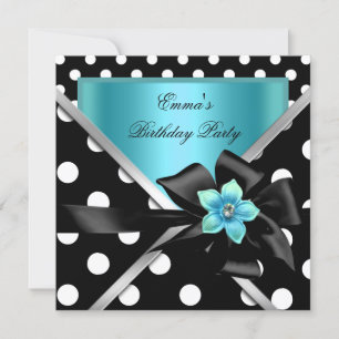 Invitación Fiesta de Cumpleaños Azul Turquesa Negro Lunares
