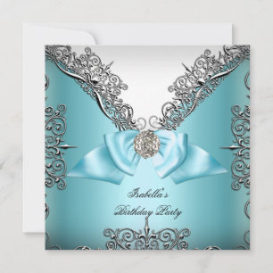 Invitación Fiesta de cumpleaños azul turquesa plata blanca