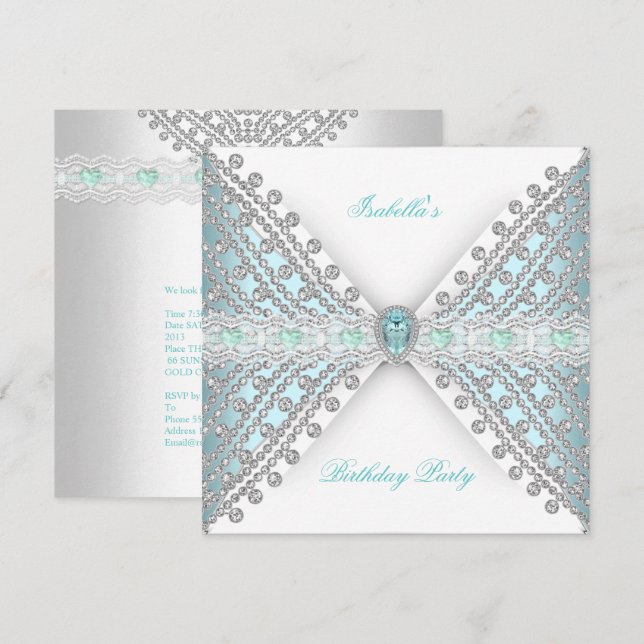 Invitación Fiesta de Cumpleaños AZUL TURQUESA Plata Blanco Di (Anverso / Reverso)