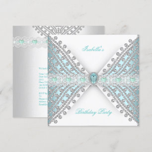 Invitación Fiesta de Cumpleaños AZUL TURQUESA Plata Blanco Di
