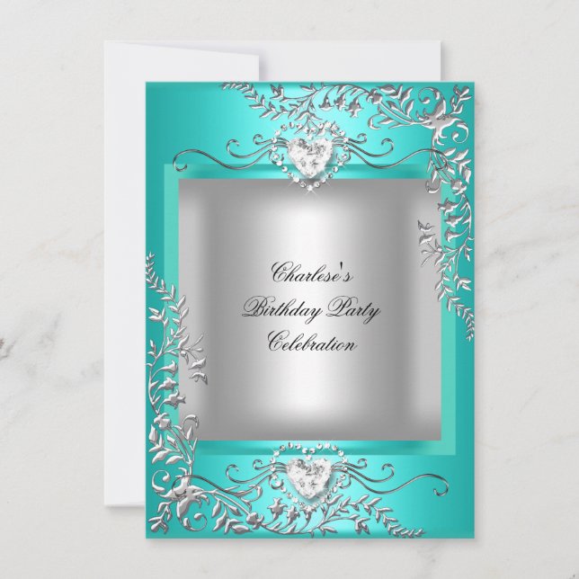 Invitación Fiesta de Cumpleaños Azul Turquesa Plateado (Anverso)