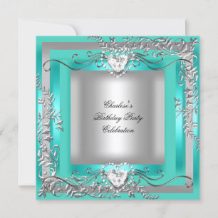 Invitación Fiesta de Cumpleaños Azul Turquesa Plateado