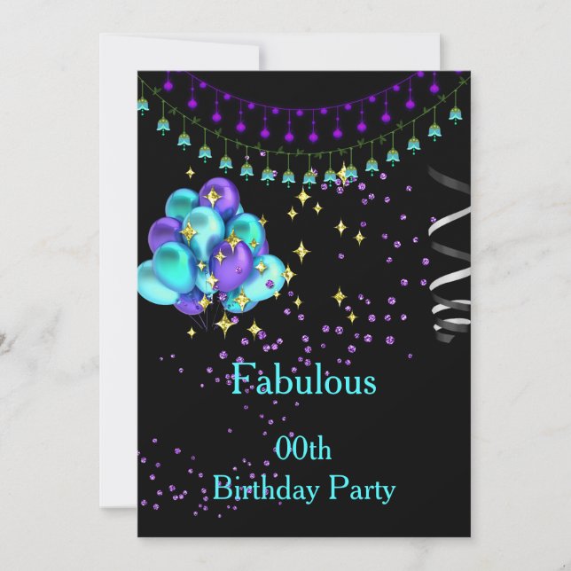 Invitación Fiesta de Cumpleaños Azul Turquesa Púrpura Fabulos (Anverso)