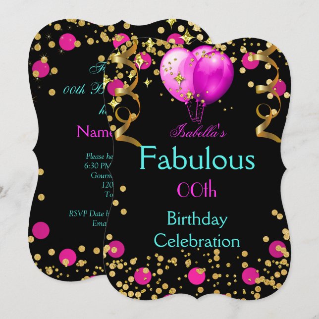 Invitación Fiesta de Cumpleaños Azul Turquesa Rosa Caliente F (Anverso / Reverso)